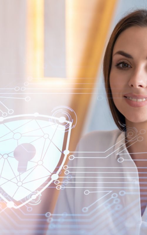 Portrait of attractive smiling businesswoman thinking how to protect clients confidential information and cyber security. IT hologram padlock icons over office background.