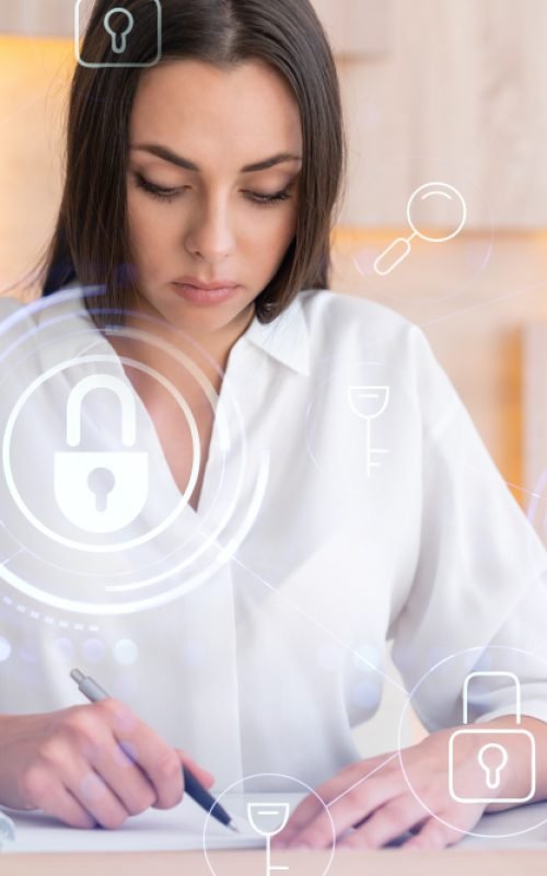 Portrait of attractive businesswoman working with documents and thinking how to protect clients confidential information and cyber security. IT hologram padlock icons over office background.